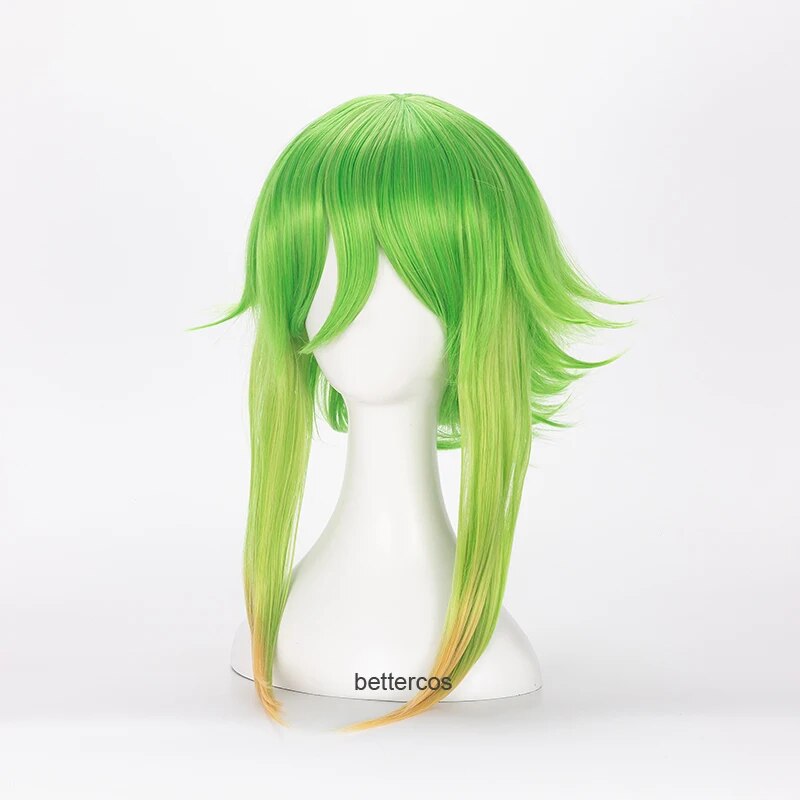Peluca de Cosplay Vocaloid Megpoid Gumi de 45cm, peluca de pelo sintético resistente al calor y esponjosa de capas cortas con degradado verde dorado y gorro de peluca