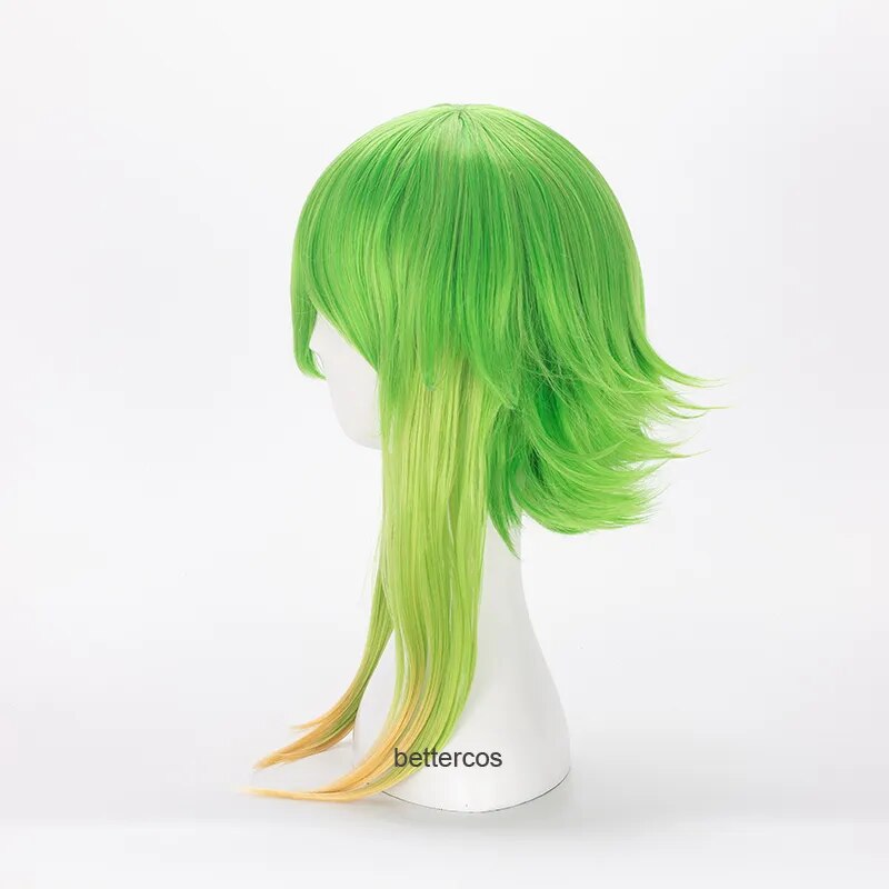 Peluca de Cosplay Vocaloid Megpoid Gumi de 45cm, peluca de pelo sintético resistente al calor y esponjosa de capas cortas con degradado verde dorado y gorro de peluca
