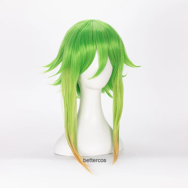 Peluca de Cosplay Vocaloid Megpoid Gumi de 45cm, peluca de pelo sintético resistente al calor y esponjosa de capas cortas con degradado verde dorado y gorro de peluca