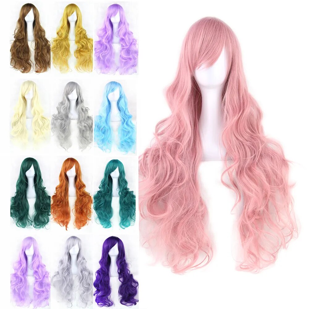 Soowee, Peluca de pelo sintético de 80cm de largo en 24 colores para mujer, peluca de fibra resistente al calor, pelucas de Cosplay rectas rosas y grises