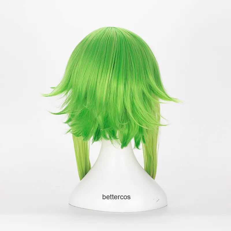 Peluca de Cosplay Vocaloid Megpoid Gumi de 45cm, peluca de pelo sintético resistente al calor y esponjosa de capas cortas con degradado verde dorado y gorro de peluca