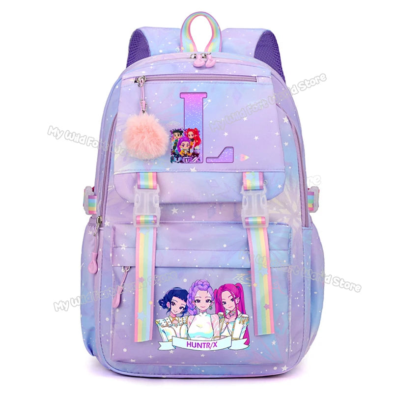 KPop Demon Hunters Backpack Letter A-Z Print Knapsack Movie Music Girl High Capacity Rucksack Student Schoolbag Purple Bookbag
