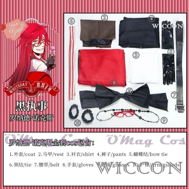 Black Butler Grell Sutcliff Michaelis Cosplay Costume Wig Uniforms Anime Cosplay Halloween Party Unisex Fancy Red Suit Glasses