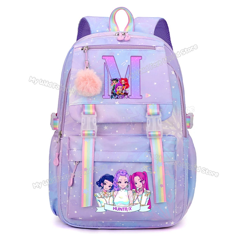 KPop Demon Hunters Backpack Letter A-Z Print Knapsack Movie Music Girl High Capacity Rucksack Student Schoolbag Purple Bookbag