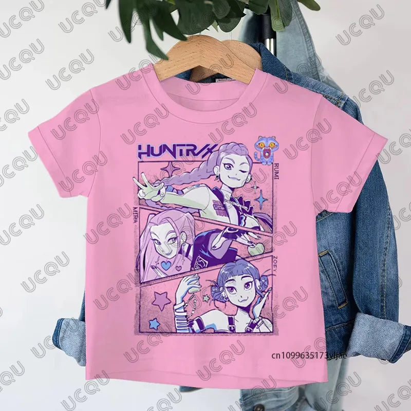 2025 New KPop Demon Hunters Cartoon Print Kids Cotton T-shirts Summer Short Sleeve Tees Boys and Girls Clothes Casual Tops