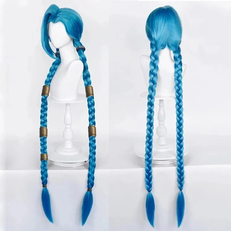 LOL Jinx Cosplay Wig Long Braided Blue The Loose Cannon Wig with Blue Braid Heat Resistant Synthetic Hair Wigs + Wig Cap