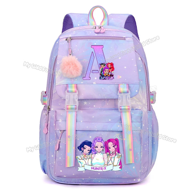 KPop Demon Hunters Backpack Letter A-Z Print Knapsack Movie Music Girl High Capacity Rucksack Student Schoolbag Purple Bookbag