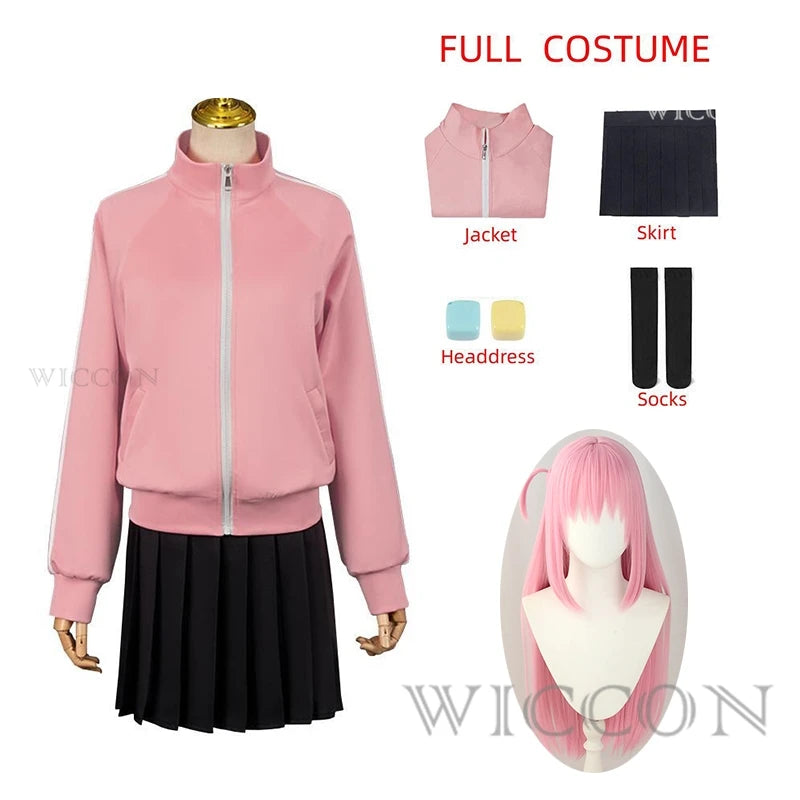 Gotou Hitori Cosplay Bocchi The Rock Gotou Hitori Cosplay Costume JK Uniform Pink Jacket Skirt Wig Suit Halloween Anime Cosplay