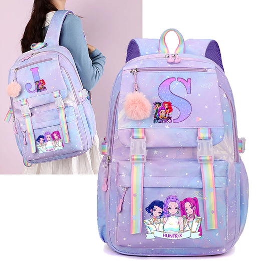 KPop Demon Hunters Backpack Letter A-Z Print Knapsack Movie Music Girl High Capacity Rucksack Student Schoolbag Purple Bookbag