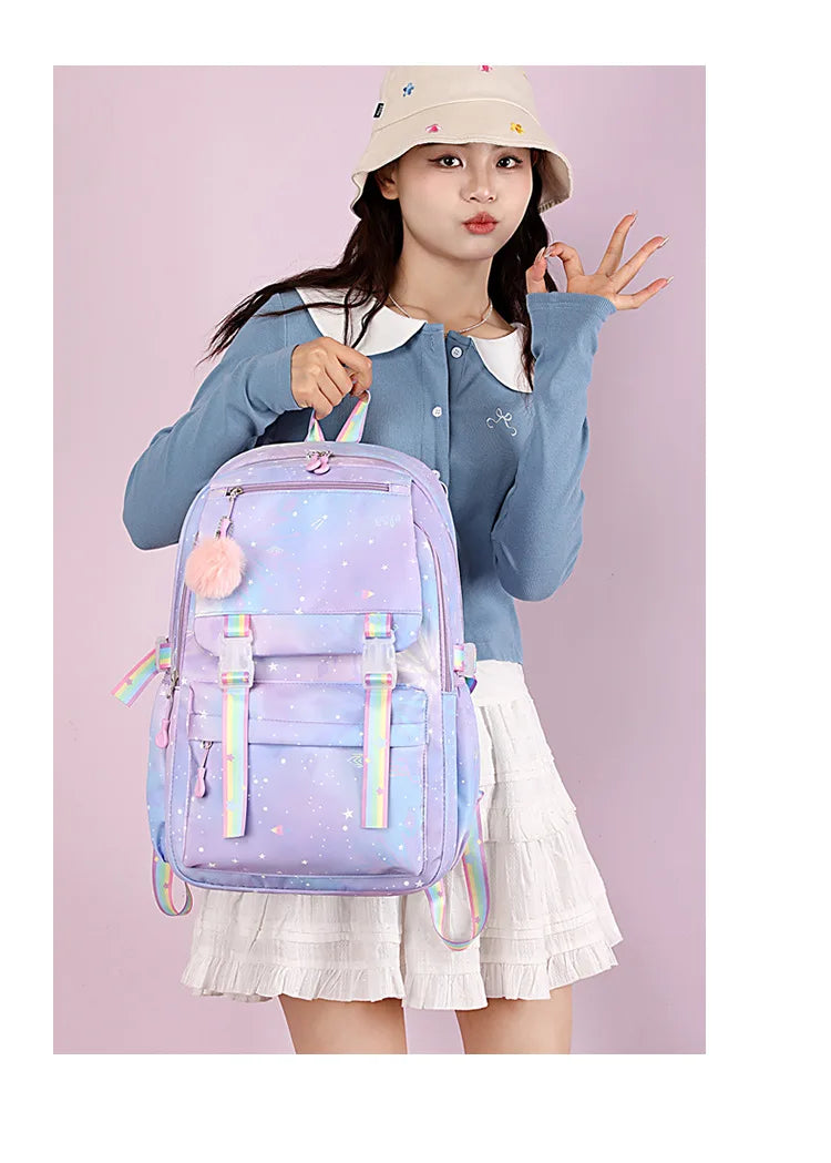 KPop Demon Hunters Backpack Letter A-Z Print Knapsack Movie Music Girl High Capacity Rucksack Student Schoolbag Purple Bookbag