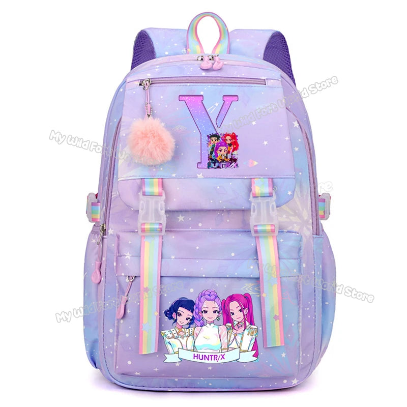 KPop Demon Hunters Backpack Letter A-Z Print Knapsack Movie Music Girl High Capacity Rucksack Student Schoolbag Purple Bookbag