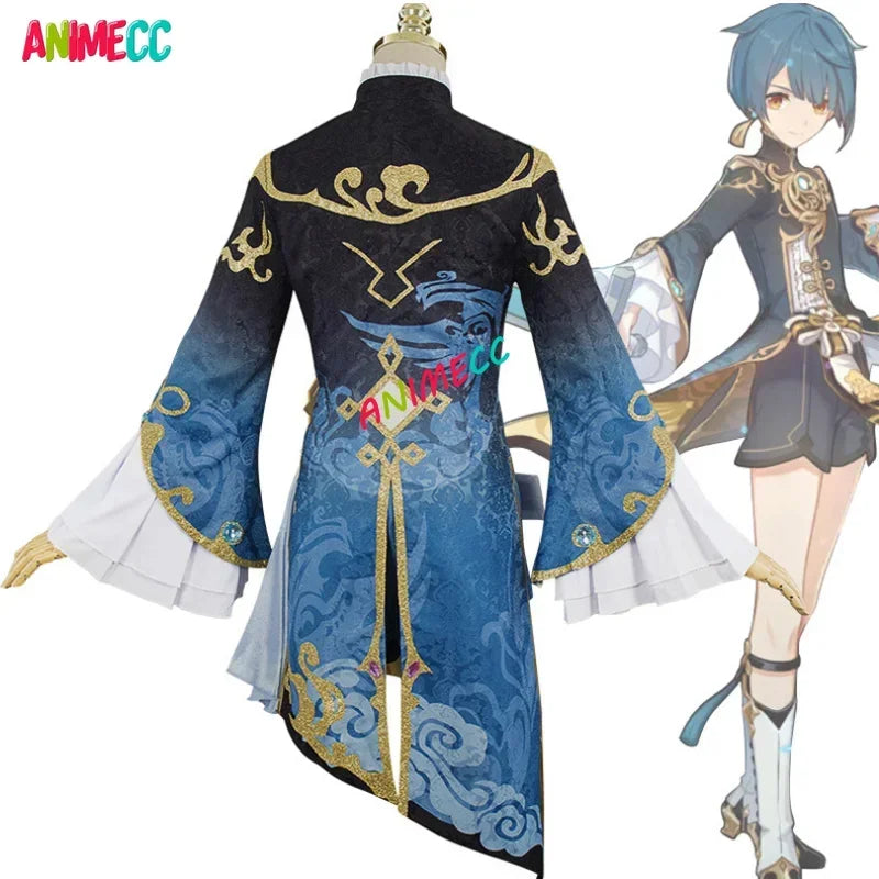 ANIMECC XingQiu Cosplay Costume Wig Game GenshinImpact Xing Qiu Cosplay Earrings Halloween Party Outfit for Women Girls
