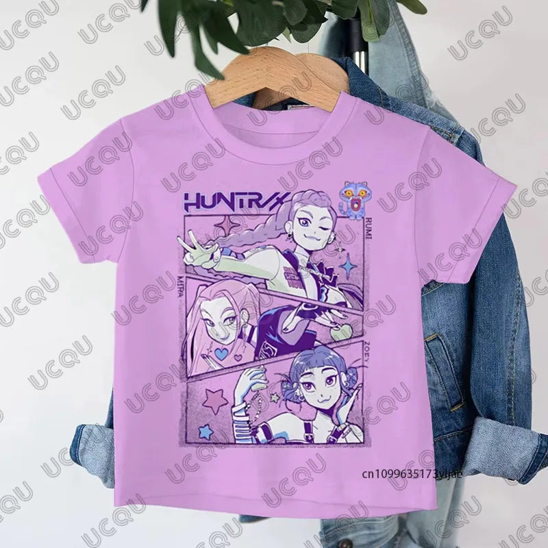 2025 New KPop Demon Hunters Cartoon Print Kids Cotton T-shirts Summer Short Sleeve Tees Boys and Girls Clothes Casual Tops