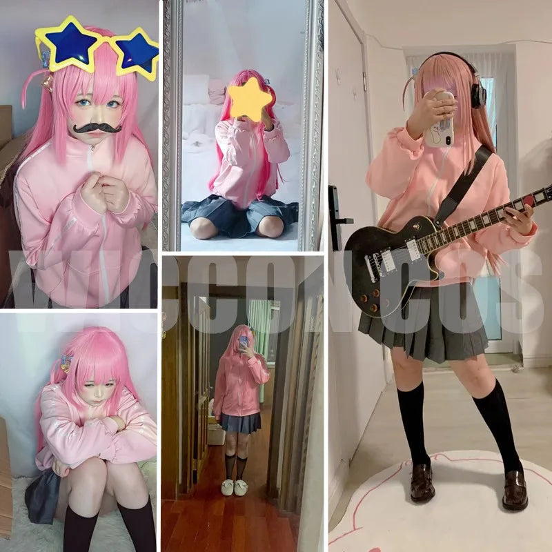 Gotou Hitori Cosplay Bocchi The Rock Gotou Hitori Cosplay Costume JK Uniform Pink Jacket Skirt Wig Suit Halloween Anime Cosplay