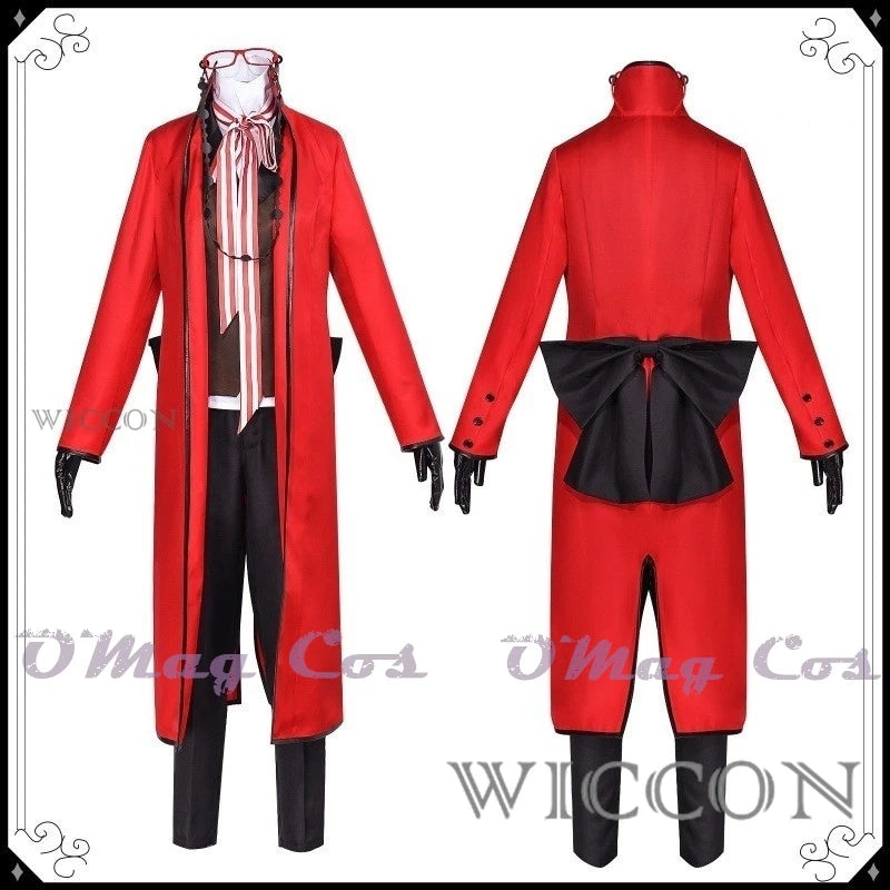 Black Butler Grell Sutcliff Michaelis Cosplay Costume Wig Uniforms Anime Cosplay Halloween Party Unisex Fancy Red Suit Glasses