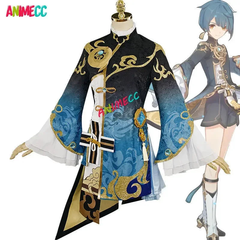 ANIMECC XingQiu Cosplay Costume Wig Game GenshinImpact Xing Qiu Cosplay Earrings Halloween Party Outfit for Women Girls