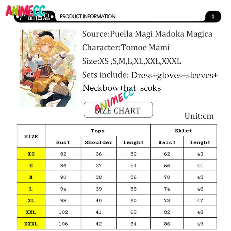 ANIMECC in Stock XS-3XL Tomoe Mami Cosplay Puella Magi Madoka Magica Combats Wig Hat Anime Halloween Party Uniform for Women