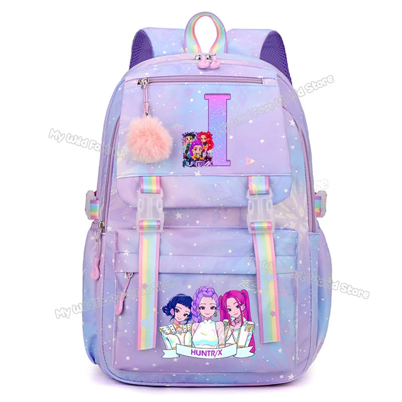 KPop Demon Hunters Backpack Letter A-Z Print Knapsack Movie Music Girl High Capacity Rucksack Student Schoolbag Purple Bookbag