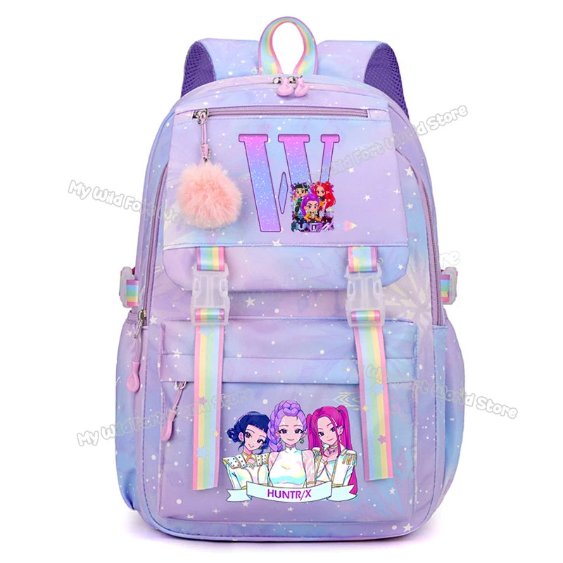 KPop Demon Hunters Backpack Letter A-Z Print Knapsack Movie Music Girl High Capacity Rucksack Student Schoolbag Purple Bookbag