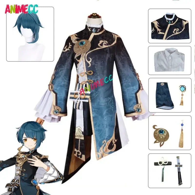 ANIMECC XingQiu Cosplay Costume Wig Game GenshinImpact Xing Qiu Cosplay Earrings Halloween Party Outfit for Women Girls