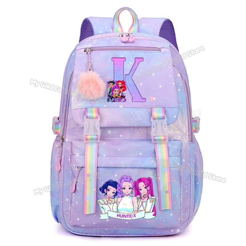 KPop Demon Hunters Backpack Letter A-Z Print Knapsack Movie Music Girl High Capacity Rucksack Student Schoolbag Purple Bookbag