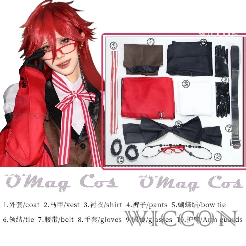 Black Butler Grell Sutcliff Michaelis Cosplay Costume Wig Uniforms Anime Cosplay Halloween Party Unisex Fancy Red Suit Glasses