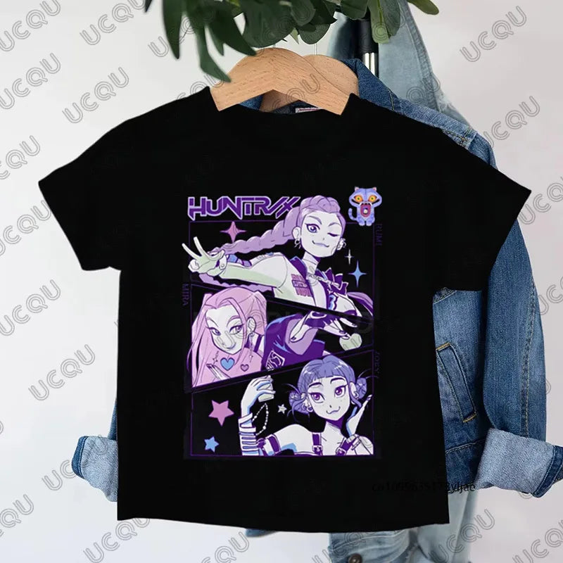 2025 New KPop Demon Hunters Cartoon Print Kids Cotton T-shirts Summer Short Sleeve Tees Boys and Girls Clothes Casual Tops