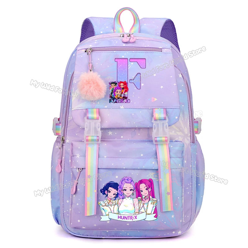 KPop Demon Hunters Backpack Letter A-Z Print Knapsack Movie Music Girl High Capacity Rucksack Student Schoolbag Purple Bookbag