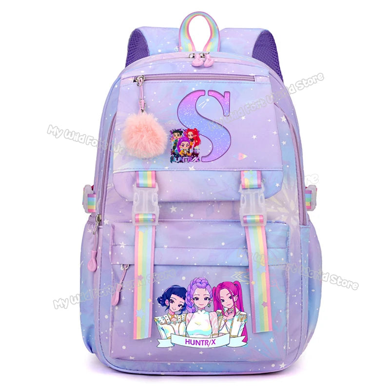 KPop Demon Hunters Backpack Letter A-Z Print Knapsack Movie Music Girl High Capacity Rucksack Student Schoolbag Purple Bookbag