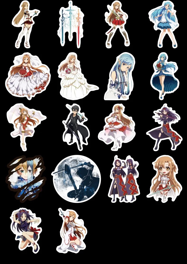 50 piezas de pegatinas de Sword Art Online SAO Anime para decoración de pared, pegatinas para nevera, motocicleta, bicicleta, refrigerador, portátil, coche, sin repetición