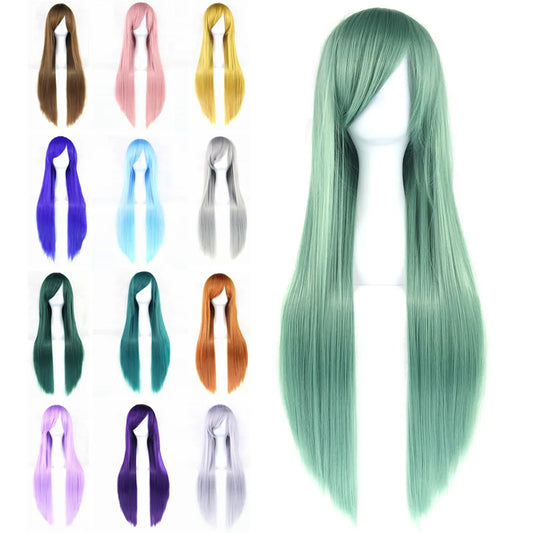 Soowee, Peluca de pelo sintético de 80cm de largo en 24 colores para mujer, peluca de fibra resistente al calor, pelucas de Cosplay rectas rosas y grises