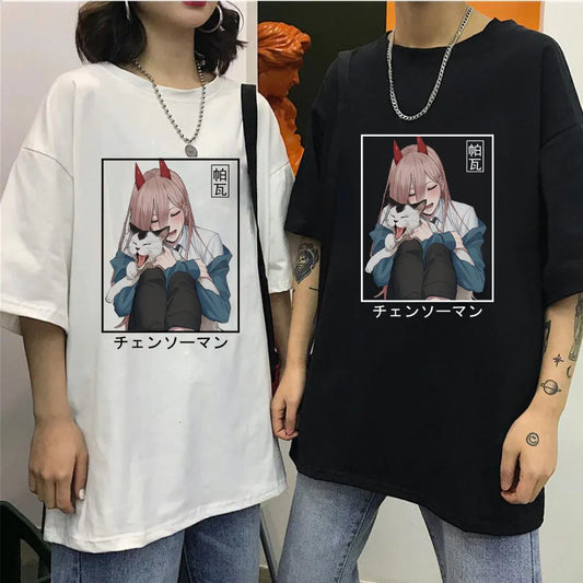 Camiseta de Manga corta japonesa con estampado de poder para hombre y mujer, cuello redondo, regalo, motosierra, ropa de Manga corta