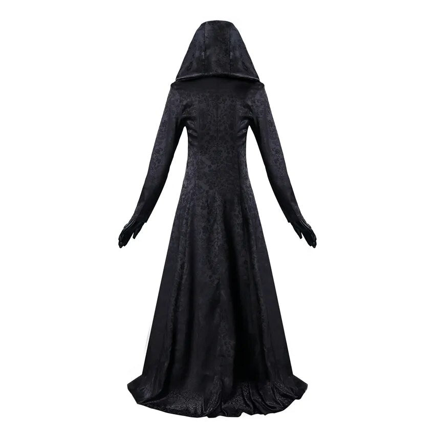 Takerlama hija de Lady Dimitrescu Cosplay gótico negro vestido largo capucha vampiro Bella Cassandra Medieval disfraz de Halloween