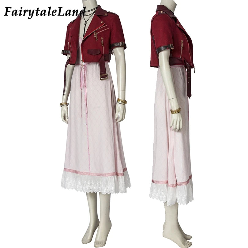 Adult Aerith Gainsborough Costume Cosplay Final Fantasy Remake Halloween Outfit Fancy Women Red Jacket Pink Dress