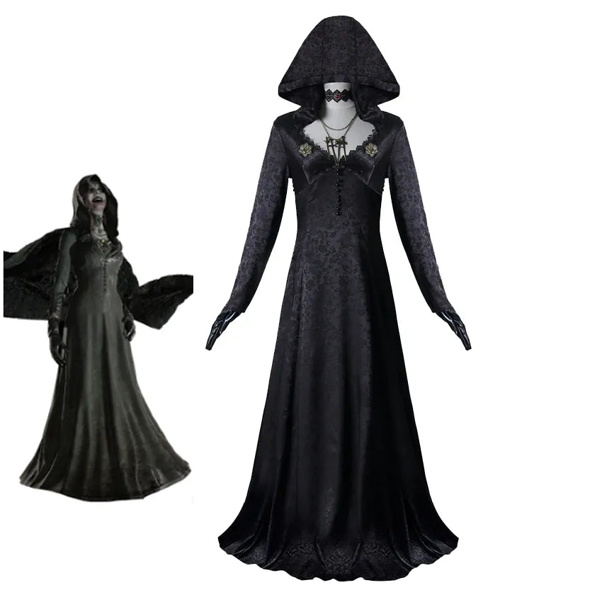 Takerlama hija de Lady Dimitrescu Cosplay gótico negro vestido largo capucha vampiro Bella Cassandra Medieval disfraz de Halloween