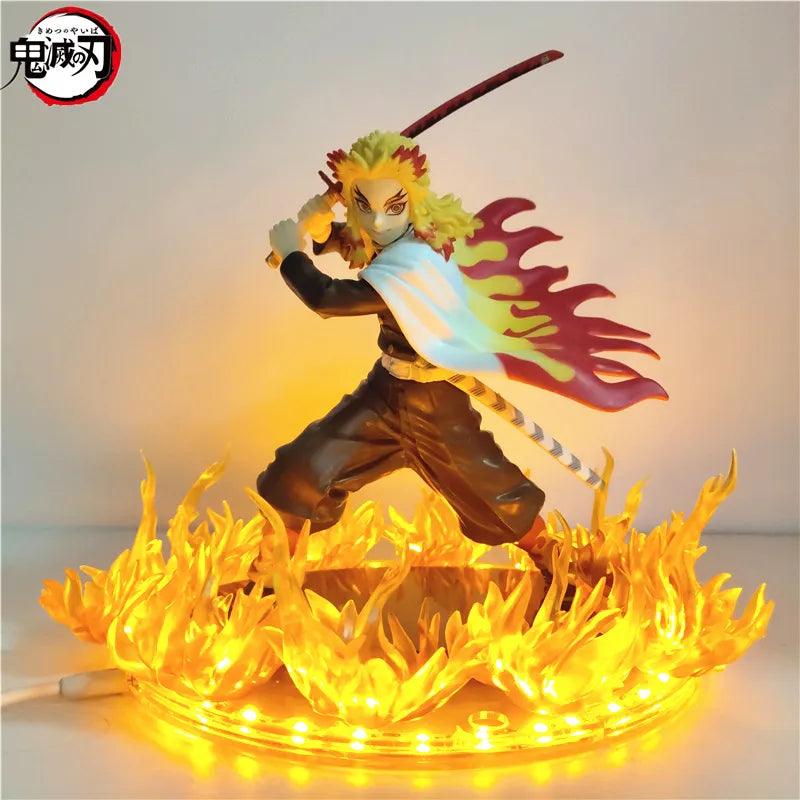 Figuras de Anime Demon Slayer Rengoku Kyoujurou escena Led de fuego DIY figura de acción de PVC juguete 21cm figura de Kimetsu no Yaiba muñeca para niños