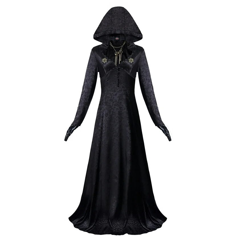 Takerlama hija de Lady Dimitrescu Cosplay gótico negro vestido largo capucha vampiro Bella Cassandra Medieval disfraz de Halloween