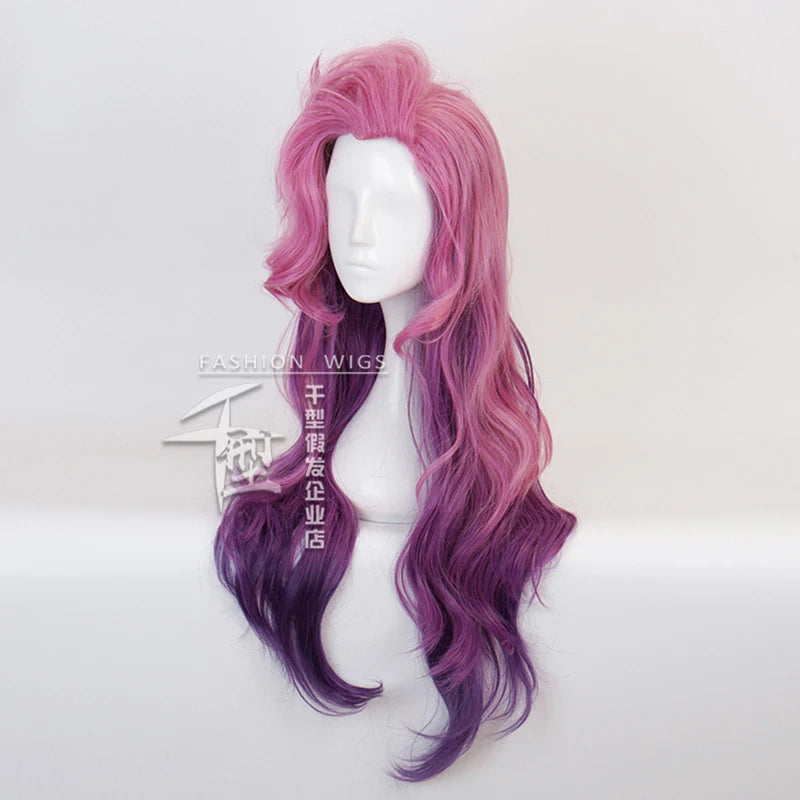 Game Seraphine Wave Curly Wig Cosplay Costume KDA Heat Resistant Synthetic Hair Women Pink Mixed Purple Long Wigs