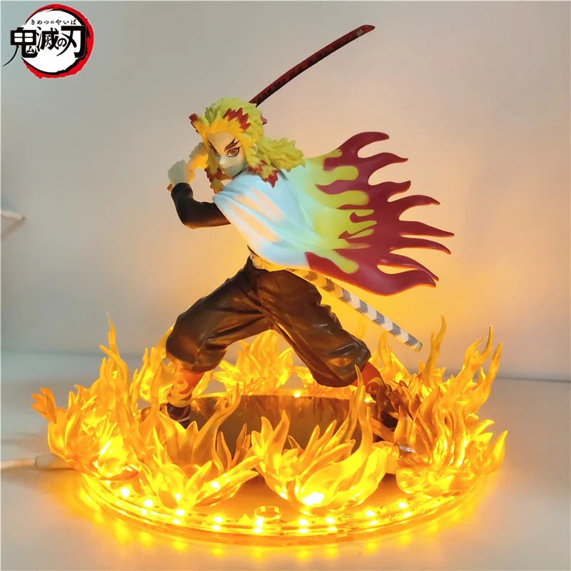 Figuras de Anime Demon Slayer Rengoku Kyoujurou escena Led de fuego DIY figura de acción de PVC juguete 21cm figura de Kimetsu no Yaiba muñeca para niños