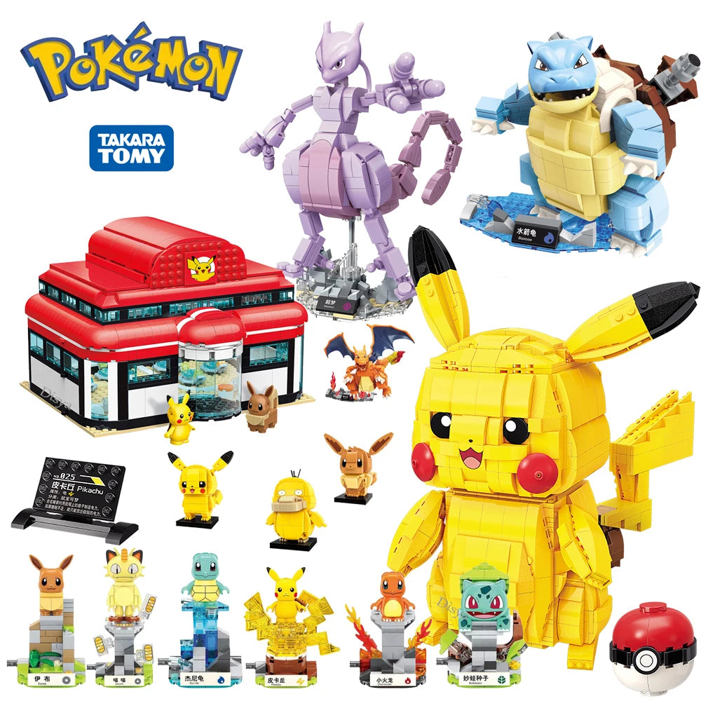 2023 NEW Classic Anime Pokemon Center House Pikachu Mewtwo Charizard Venusaur Building Blocks Bricks Sets Model DIY Toy For Gift