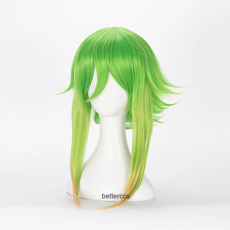 Vocaloid Megpoid Gumi Cosplay Wig 45cm Green Golden Ombre Short Layered Fluffy Heat Resistant Synthetic Hair Wig + Wig Cap