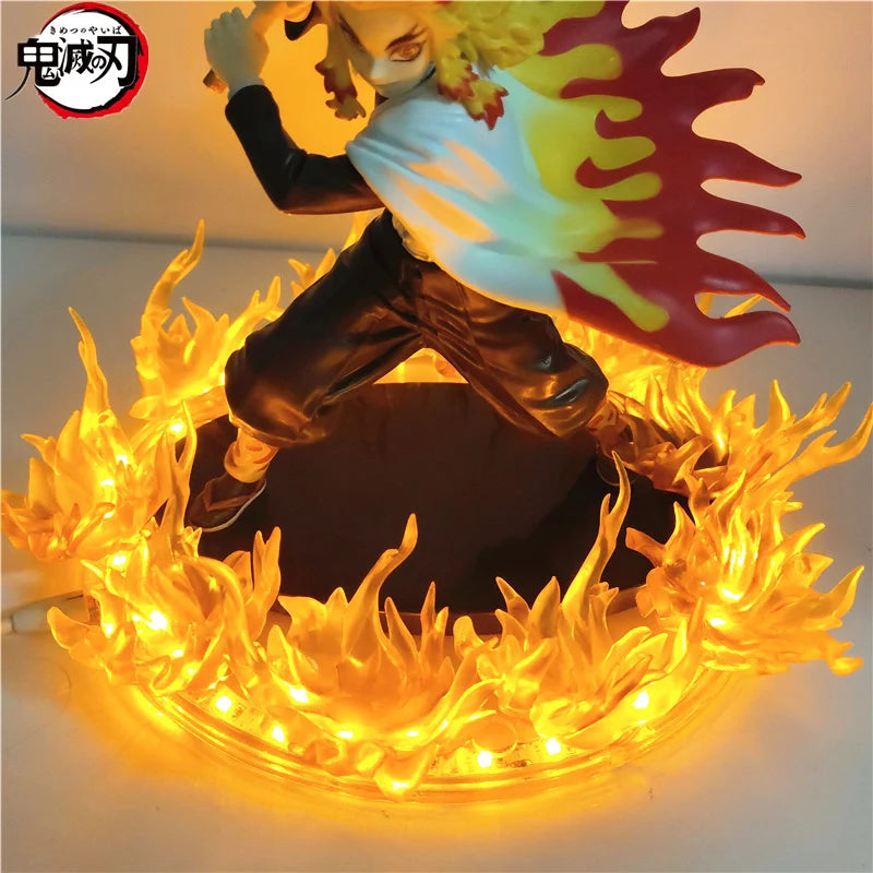 Figuras de Anime Demon Slayer Rengoku Kyoujurou escena Led de fuego DIY figura de acción de PVC juguete 21cm figura de Kimetsu no Yaiba muñeca para niños