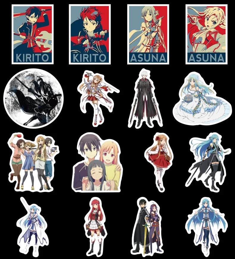 50 piezas de pegatinas de Sword Art Online SAO Anime para decoración de pared, pegatinas para nevera, motocicleta, bicicleta, refrigerador, portátil, coche, sin repetición