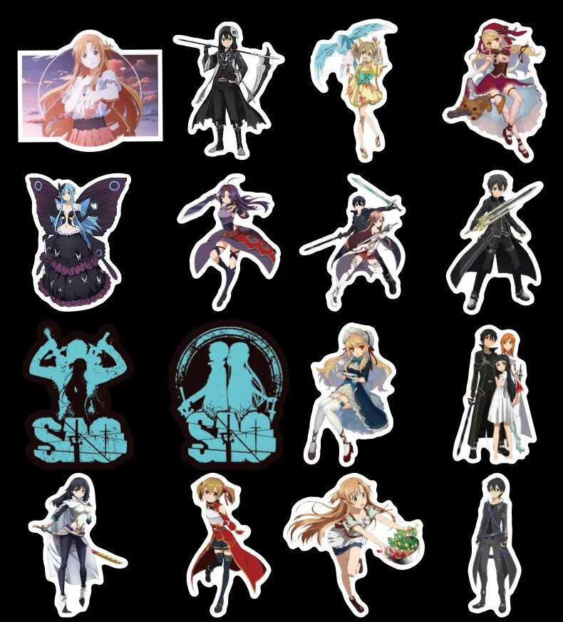 50 piezas de pegatinas de Sword Art Online SAO Anime para decoración de pared, pegatinas para nevera, motocicleta, bicicleta, refrigerador, portátil, coche, sin repetición