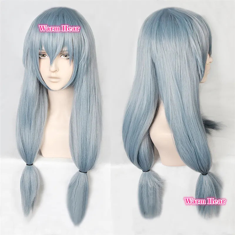 High Quality Anime Jujutsu Kaisen Mahito Wigs Light Blue Heat Resistant Synthetic Hair Clip Ponytail Cosplay Wig + a wig cap