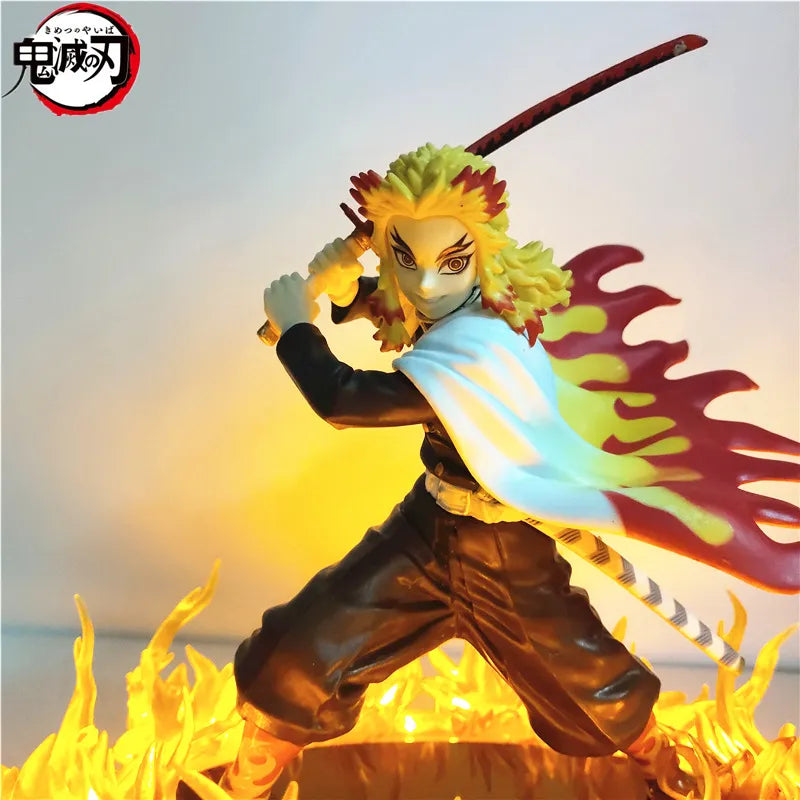 Figuras de Anime Demon Slayer Rengoku Kyoujurou escena Led de fuego DIY figura de acción de PVC juguete 21cm figura de Kimetsu no Yaiba muñeca para niños