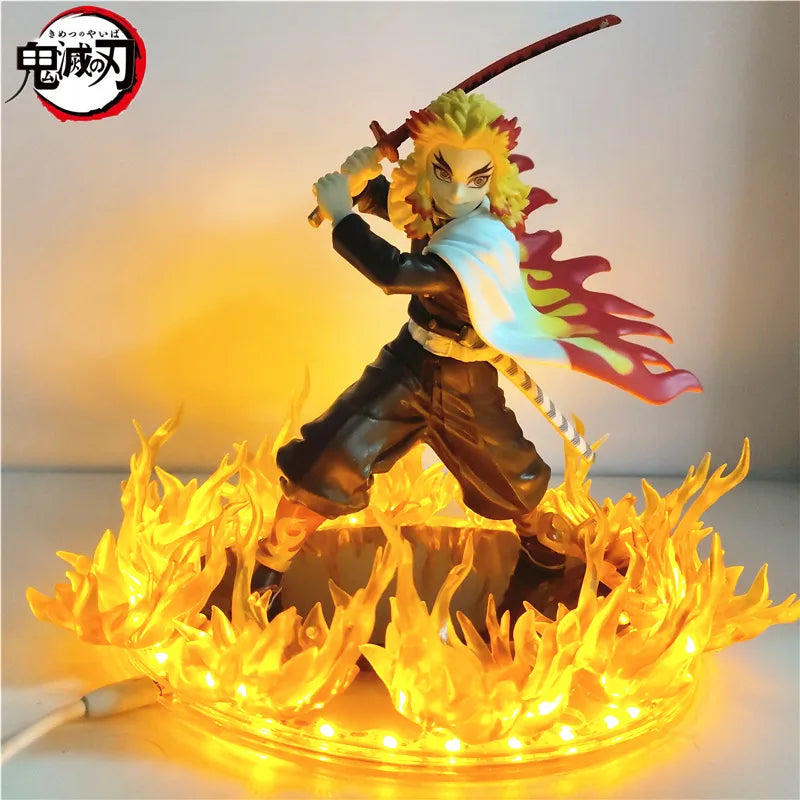 Figuras de Anime Demon Slayer Rengoku Kyoujurou escena Led de fuego DIY figura de acción de PVC juguete 21cm figura de Kimetsu no Yaiba muñeca para niños