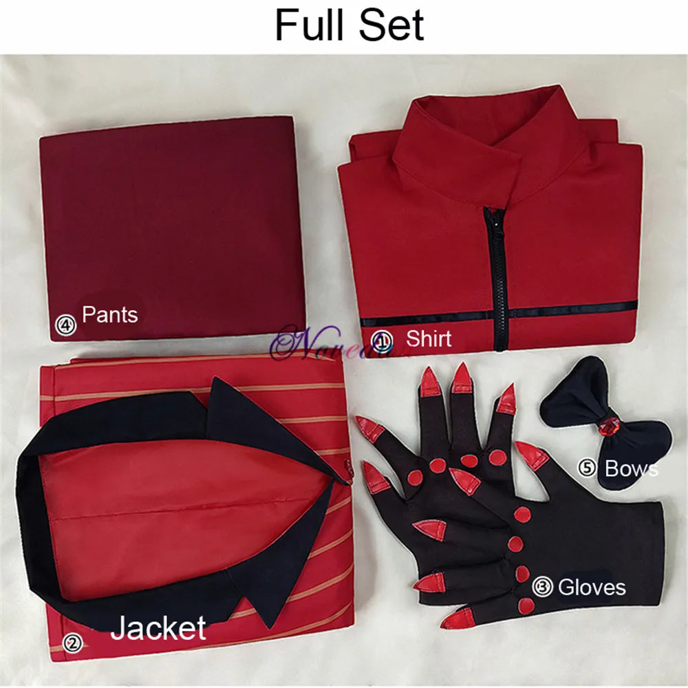 Hazbin Cosplay Hotel ALASTOR uniforme disfraz Cosplay hombres mujeres disfraz de Halloween conjunto completo (chaqueta + pantalones + camisa + corbata + guantes + peluca)