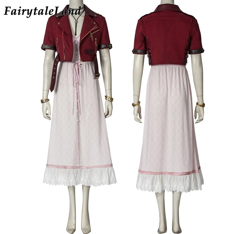 Adult Aerith Gainsborough Costume Cosplay Final Fantasy Remake Halloween Outfit Fancy Women Red Jacket Pink Dress