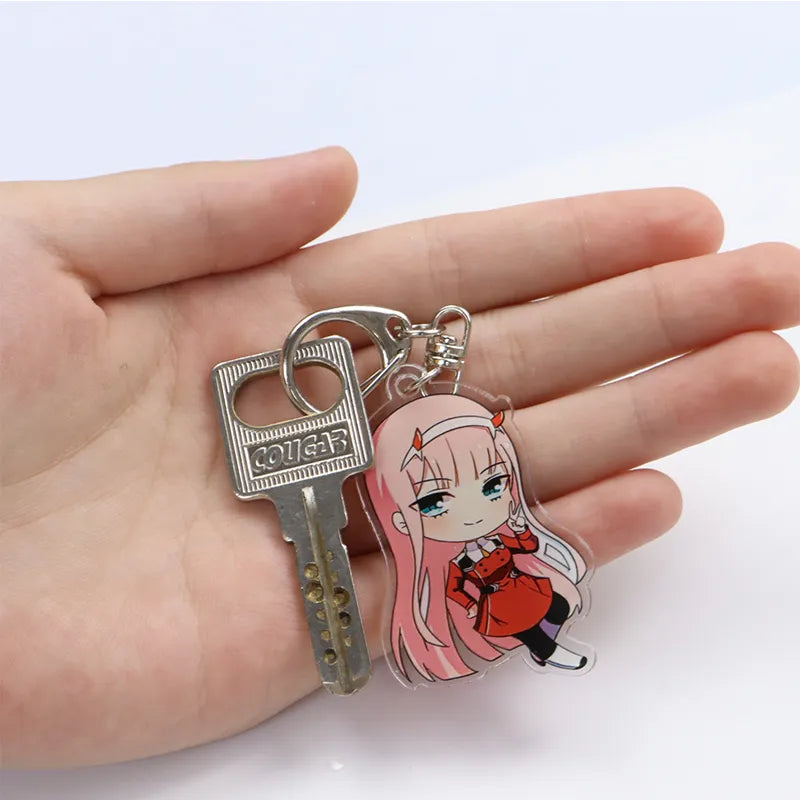 02 Zero Two Anime Figures Keychain Darling In The Franxx Acrylic key Chain for Car Bag Keys Original Keychains Friends Cute Gift